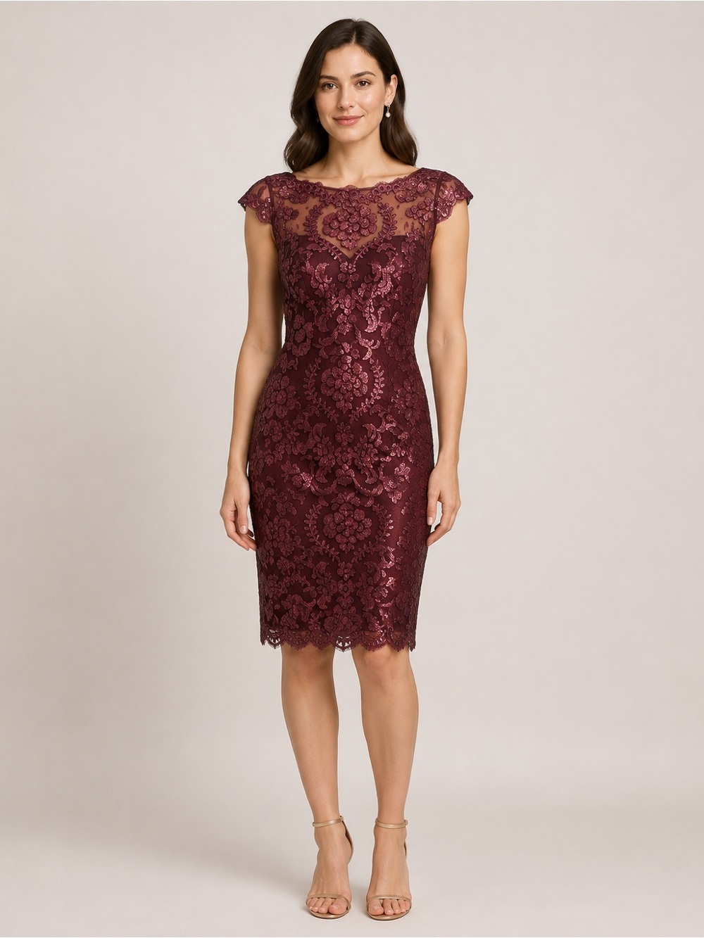 Tadashi Shoji Burgundy Sequin Embroidered Sheer Illusion Lace Sheath Dress